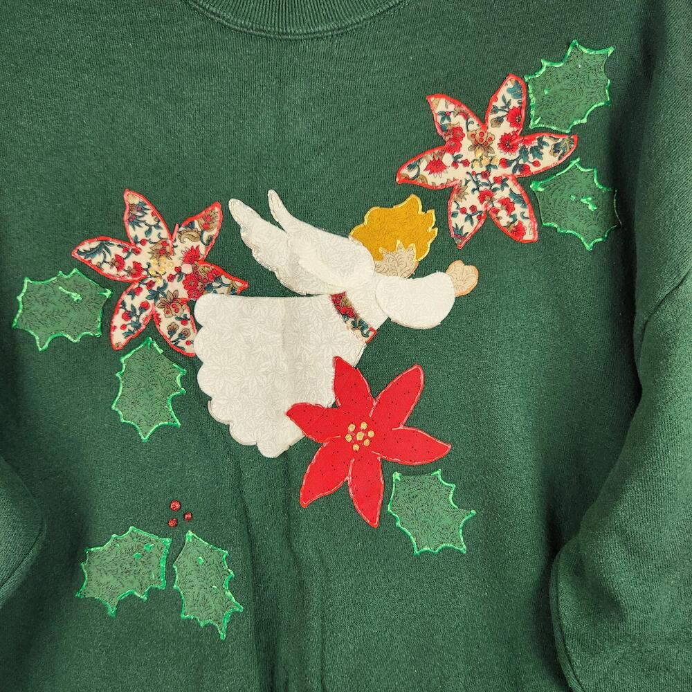 Vintage Holiday Sweatshirt Womens XL Angel Poinsettia Holly Christmas USA 90s